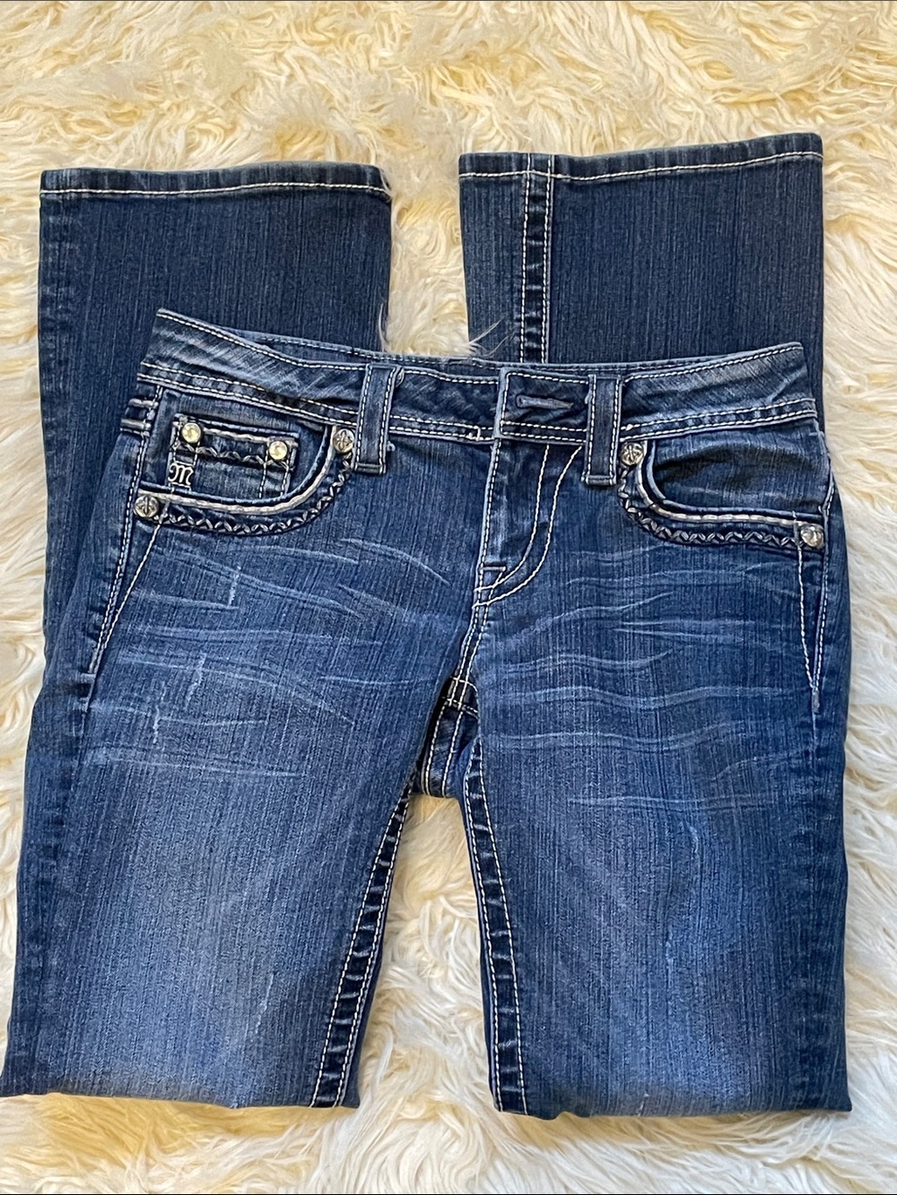 Miss Me Dark Blue Bootcut Jeans with Decorative Pocket Trim size 27